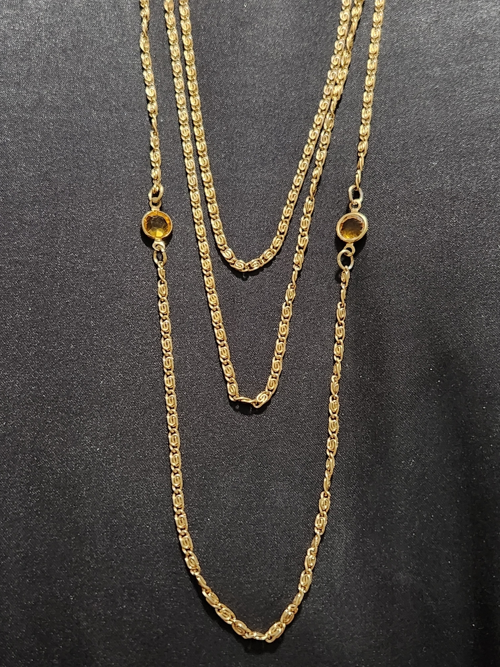 Vintage Gold Tone 3-Strand Multi-Layer Necklace with Amber Glass Accents
